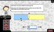 Problem of 62 minus 28, with a diagrammatic representation of 2 added to 28 to give 30, leaving 32 plus the remaining 2 to reach 64.